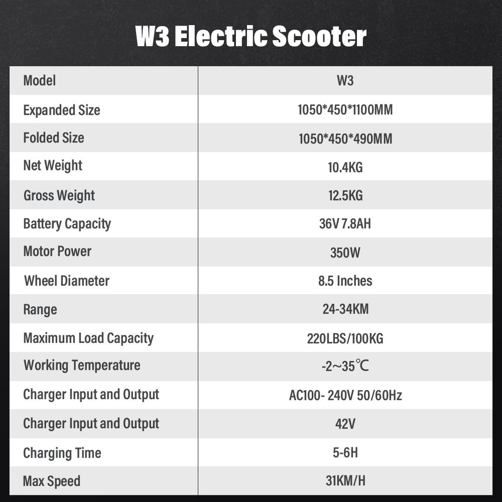 iScooter W3 8.5'' Honeycomb Tire Electric Scooter Motor 350W Battery 36V/7.5AH Max Speed 30KM/H Foldable Commuting Lightweight