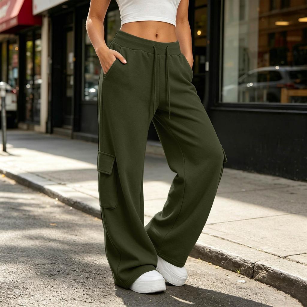 Women Casual Wide Leg Sweatpants with Pockets Drawstring Waistband Loose Fit Cargo Style Lounge Pants for Everyday Wear