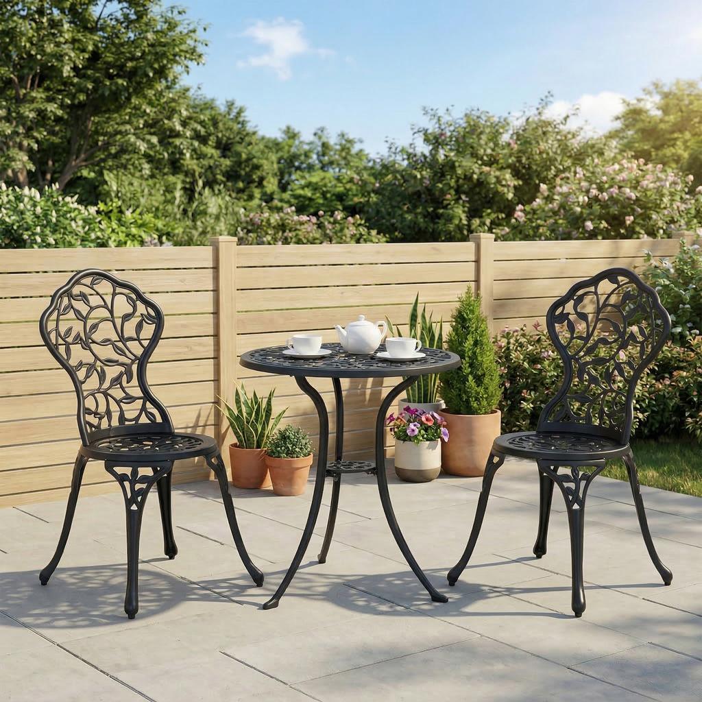 Bistro Set for 2 People, Balcony Furniture Set, Bistro Table with 2 Chairs, Black