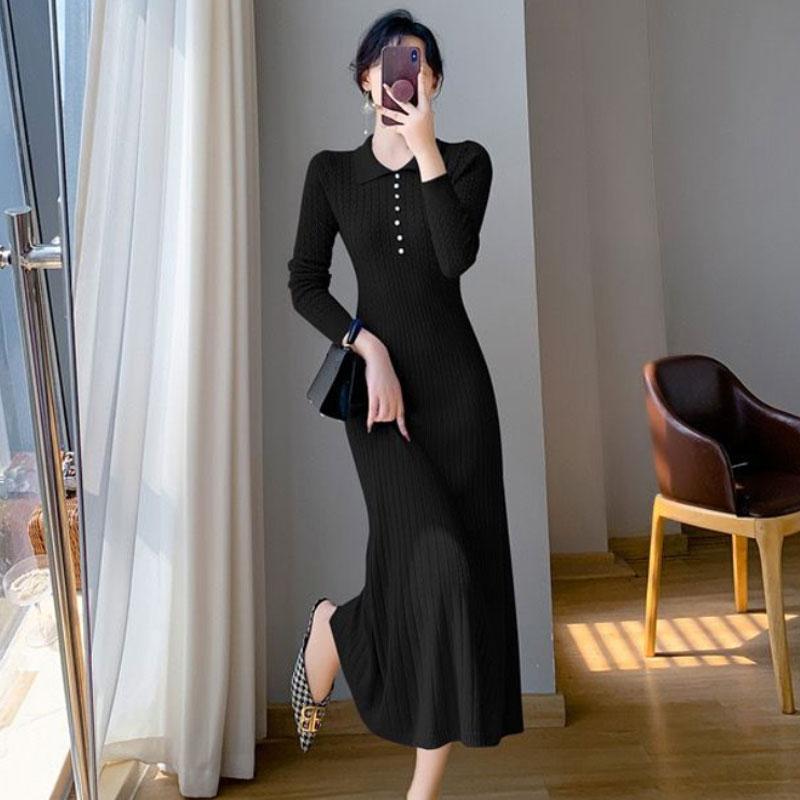 

Women‘s Mid-length Dress Elegant Long Sleeves Sweater Knitwear Vintage Casual Female Fashion Clothing Autumn Winter S чорний
