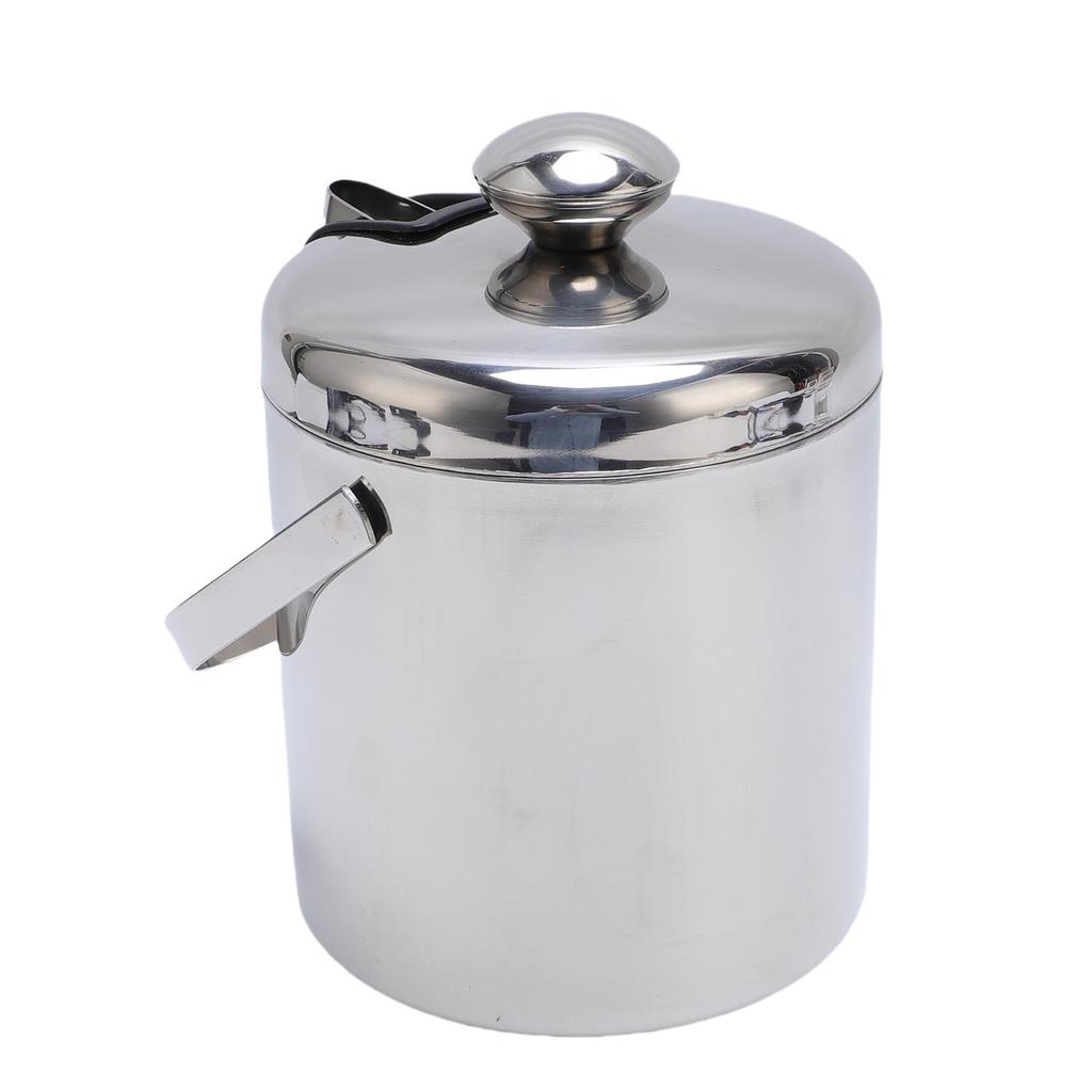 Ice Bucket 1.3L 304 Stainless Steel Double Wall Insulated Ice Cube Bucket with Tongs Strainer Lid for Red Wine Cocktail
