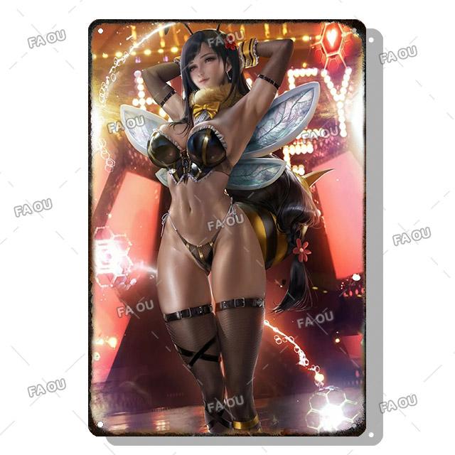 Sexy Anime Girl Metal Plate Game Figure Vintage Tin Sign Bar Club Art Decorative Plaques for Modern Home Room Wall Decor Poster