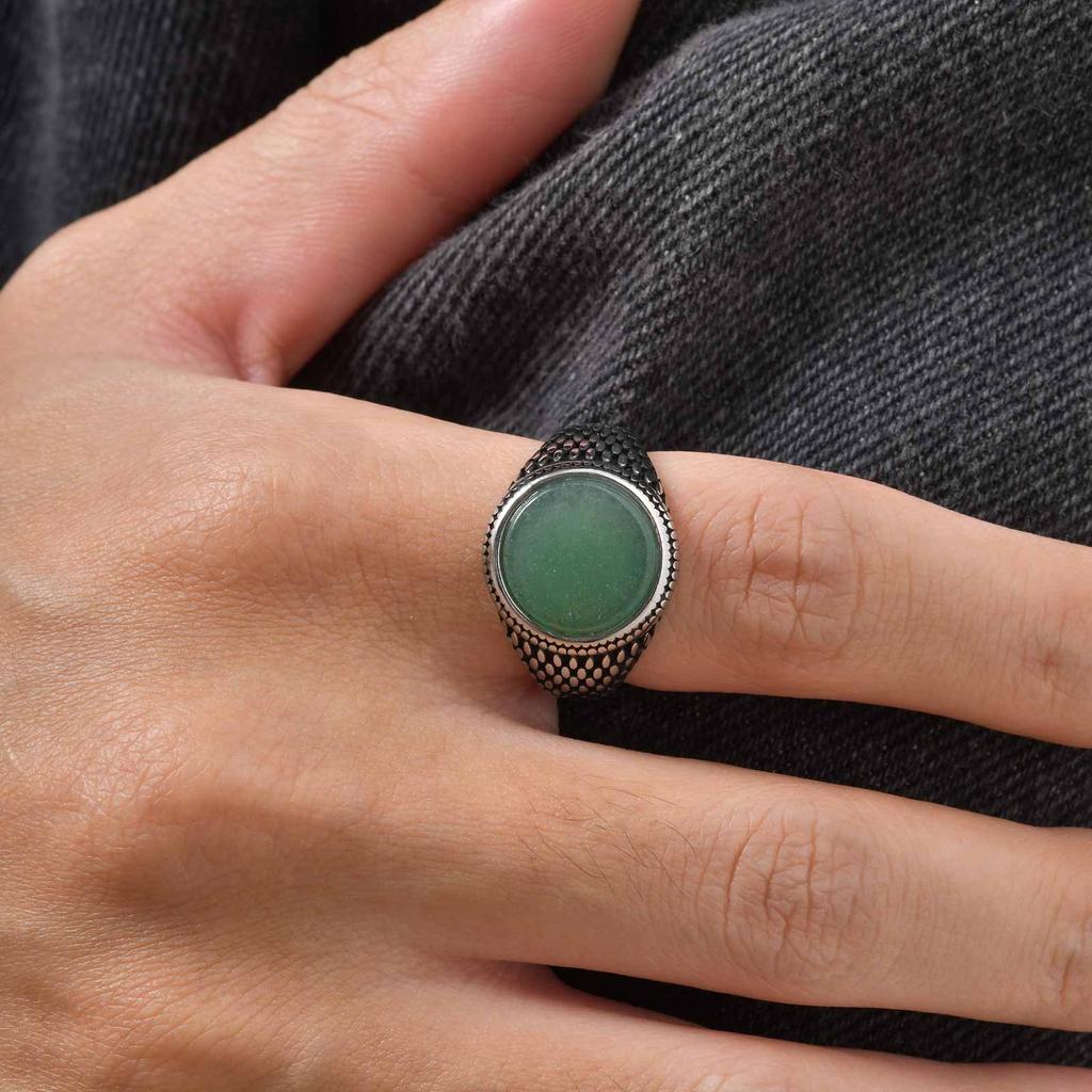 Green Dongling Stone Ring for Men,Vintage Stainless Steel Natural Stone Signet Ring,Punk Round Ring Gift