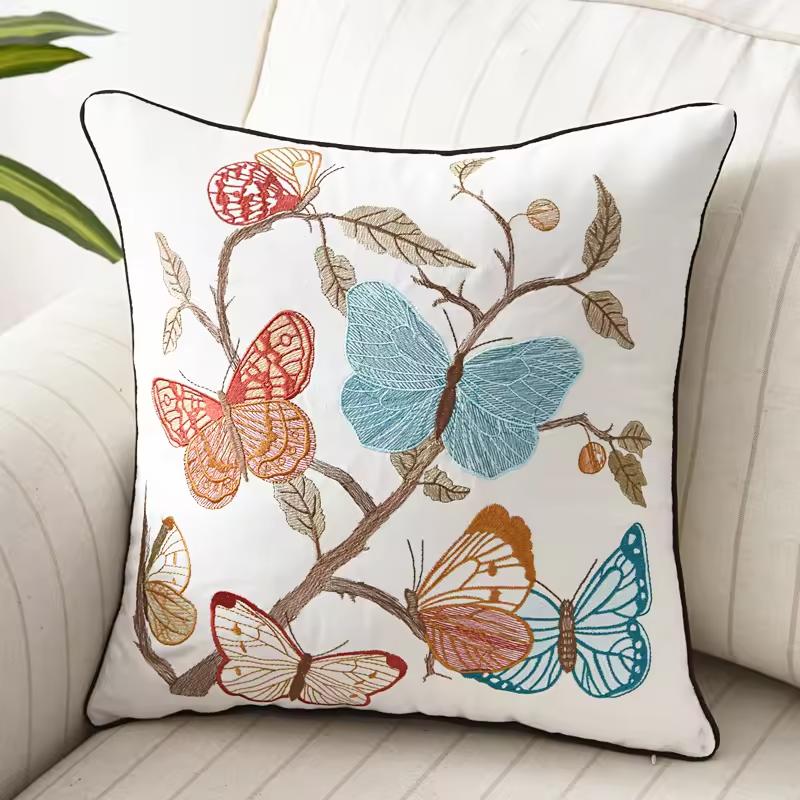 Butterfly Cushion Cover 45x45cm Floral Country Style Pillow Cover Cotton Embroidery Suqare Home Decoration for Living Room