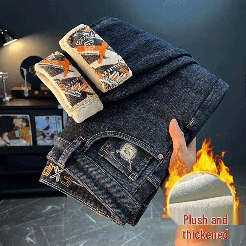 Men's Wear-Resistant Fleece-Lined Straight-Leg Stretch Slim-Fit Trendy Jeans