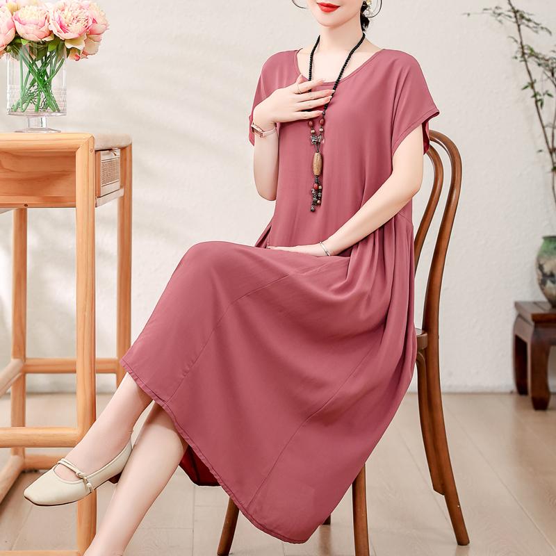 Elegantní dámské letní šaty velké velikosti Vintage oblečení Jednobarevné Krátký rukáv Volné Dlouhé šaty