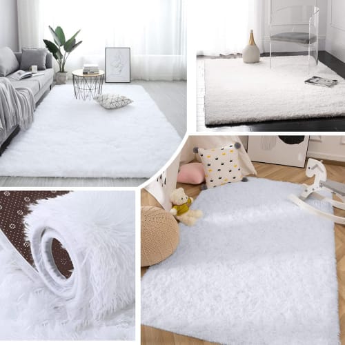 Leesentec Fluffy Washable Rug, Nordic Style, Non-Slip, Soundproof, Antibacterial, Odor Resistant, Long Pile, Compatible with Air Conditioning and Unde