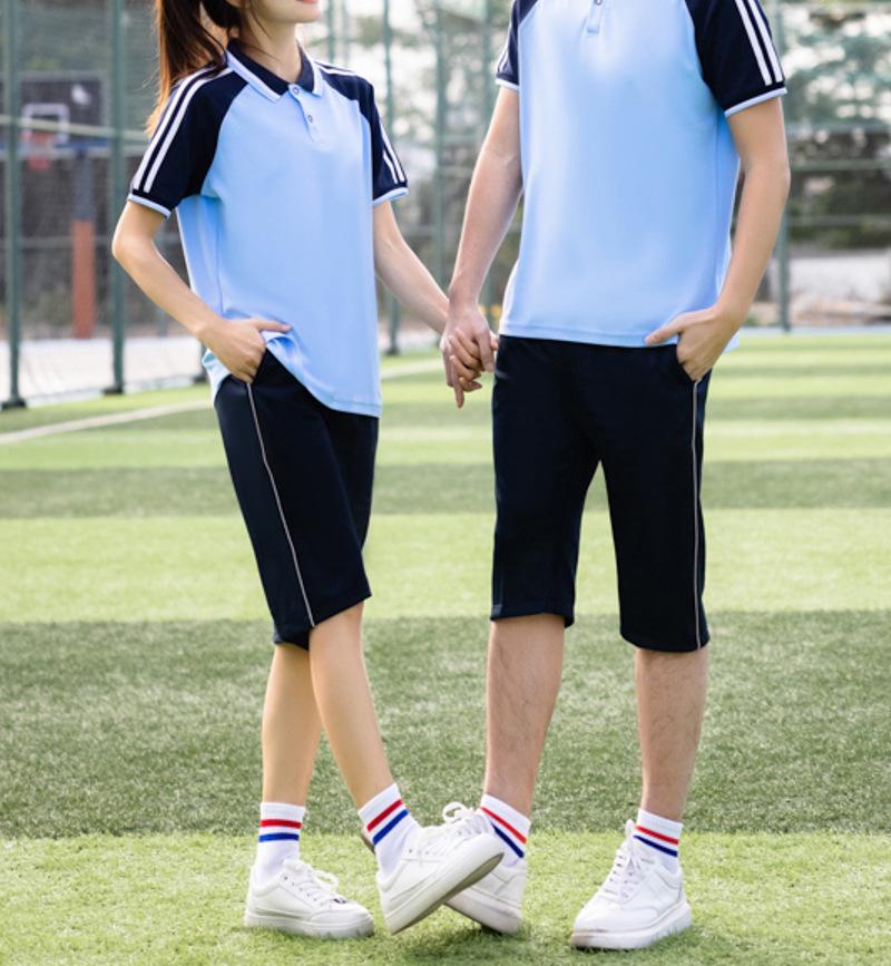 Unisex Summer Blue Short Sleeve Uniform Set for Junior High Graduation and Sports Events