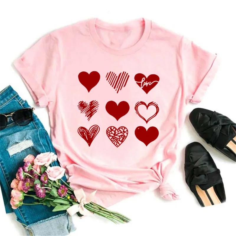 Casual Women's Crew Neck T-Shirt with Geometric Heart Design Short Sleeve Red Casual Tees Top