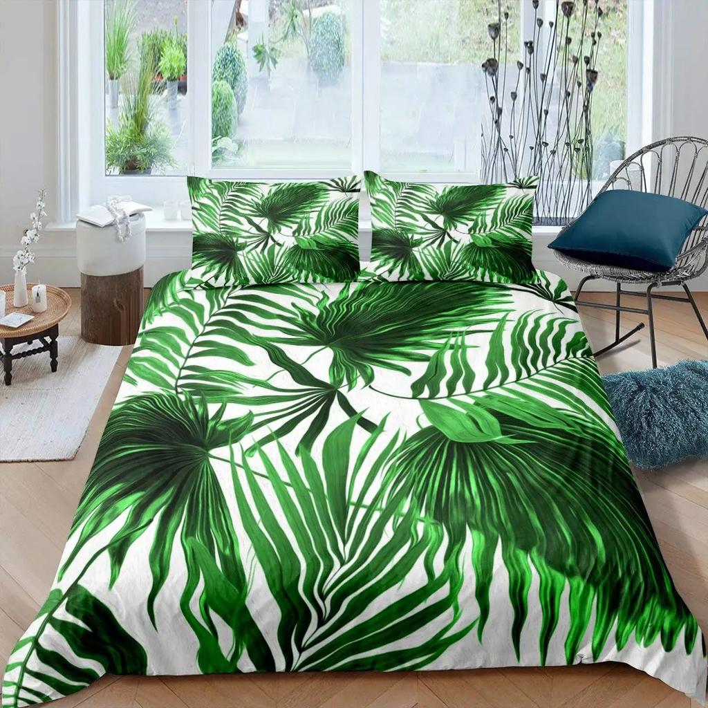 Palm Leaves Duvet Cover King Full Banana Leaves Bedding Set Hawaiian Tropical Leaves Green Branches 2/3Pcs Polyester Quilt Cover