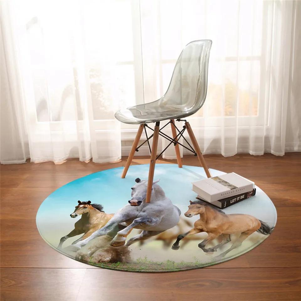 3D Running Horses Round Carpet Non-slip Mat Luxury Wild Horse Area Rug for Game Room Bedroom Decoration