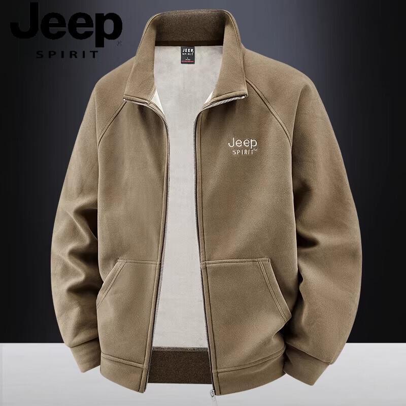 JEEP SPIRIT Men's Stand-up Collar Fleece Zipper Cardigan Jacket