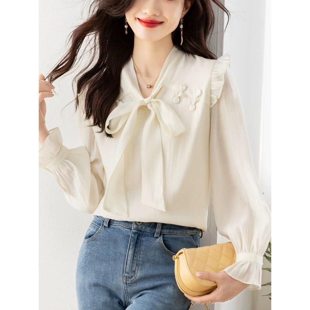 

Блузка шифоновая с длинным рукавом и бантом-бабочкой для женщин Новая Высококлассная и Шикарная Молодежная и Стильная Маленькая Блузка XXXL абрикосовый