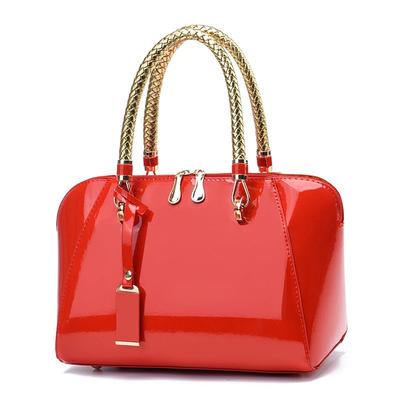 Patent Leather Handbag Shiny Boston Bag a Shoulder Bag Metalbag Metallic Handle Bag Baguette Bag New Fashion