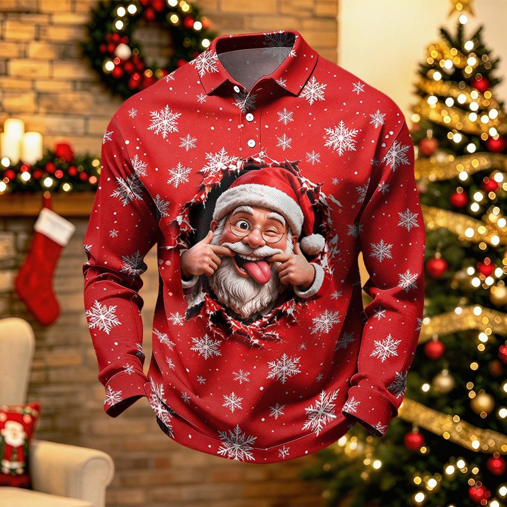 Men's Long Sleeve Golf Shirt Quick-Dry Mesh Casual Top with Christmas Print for Holiday Wear