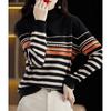 Autumn and Winter Women Pure Wool Soft Sweater Half-high Collar Color Strip Pullover Casual Versatile Knit Base Shirt Warm Top