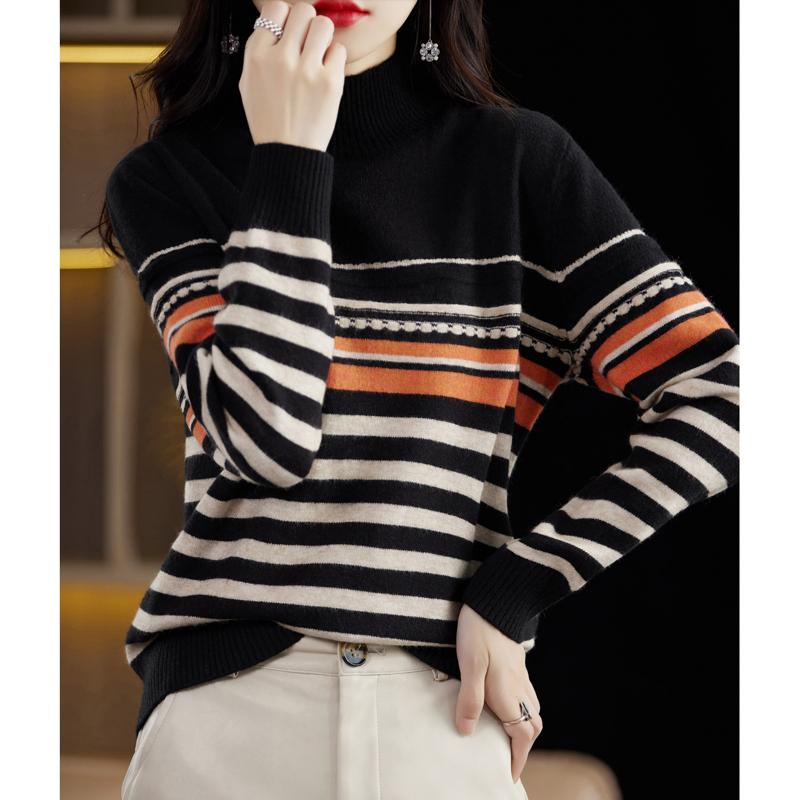 Autumn and Winter Women Pure Wool Soft Sweater Half-high Collar Color Strip Pullover Casual Versatile Knit Base Shirt Warm Top
