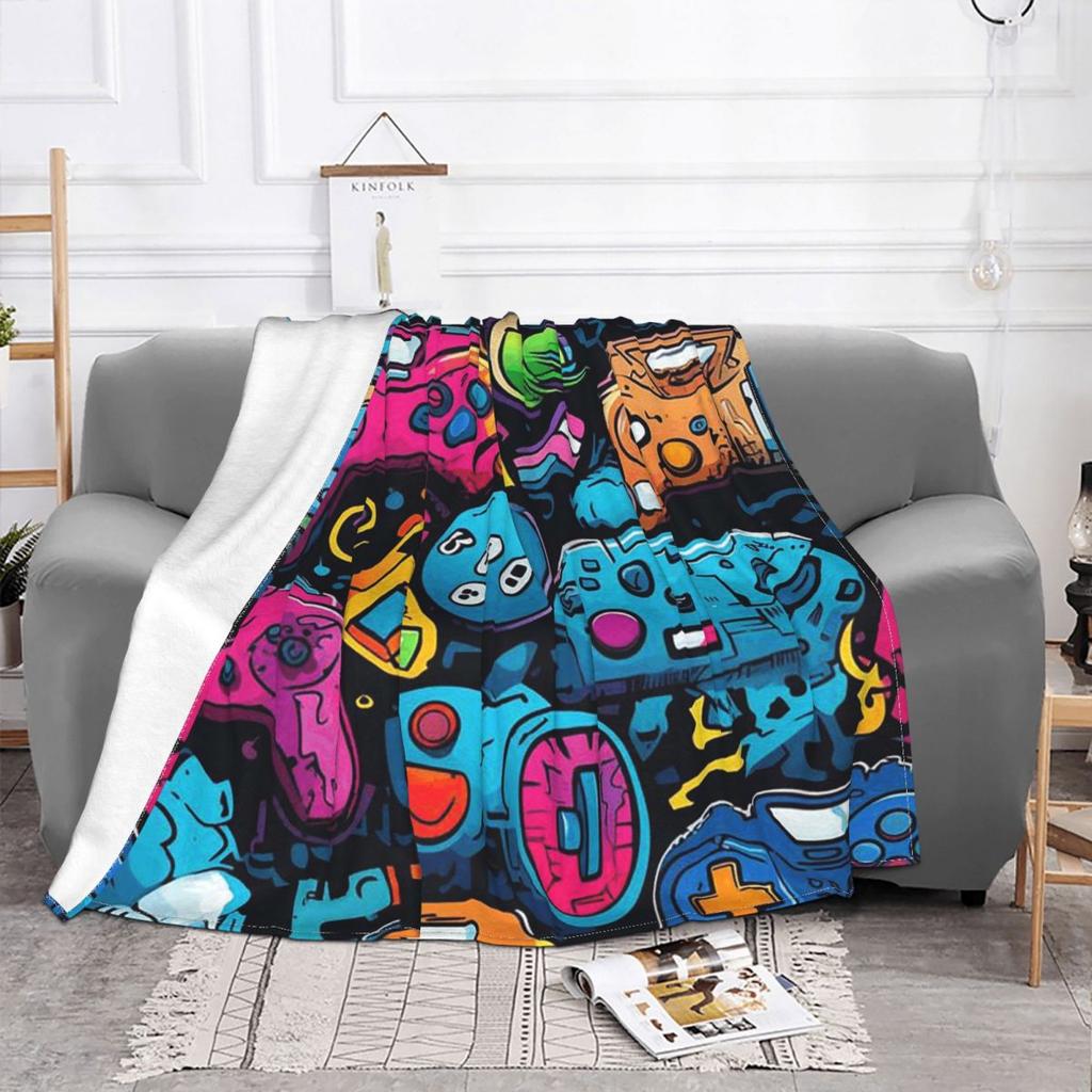 Gamer Cartoon Game Controller Blanket Soft Warm Flannel Throw Blanket Bedding for Bed Living Room Picnic Travel Home Couch