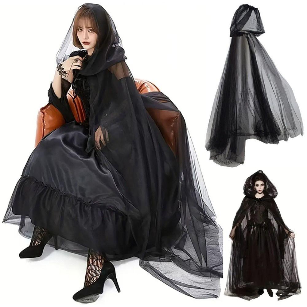 Dress Up Women Halloween Costume Lace Up Hooded Cloak Funny Mesh Ghost Cloak  Children