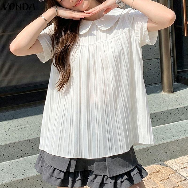 VONDA Summer Women Lapel Neck Solid Color Summer Short Sleeve Texture Casual Blouse Tops