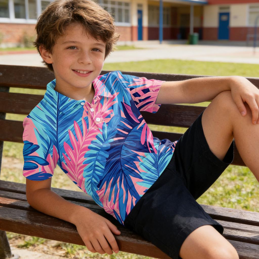 Kids Polo Shirt Quick Dry Short Sleeve Tropical Leaf Print Button Down Collar Lightweight Breathable Summer Tee for Boys Girls