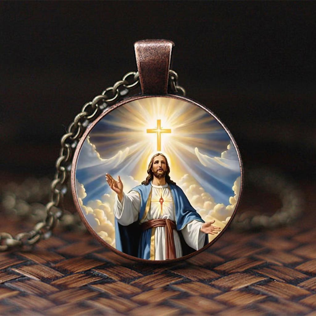 Jesus Cross Necklace, Sacred Guardian Necklace Symbolizing Faith, Glass Pendant