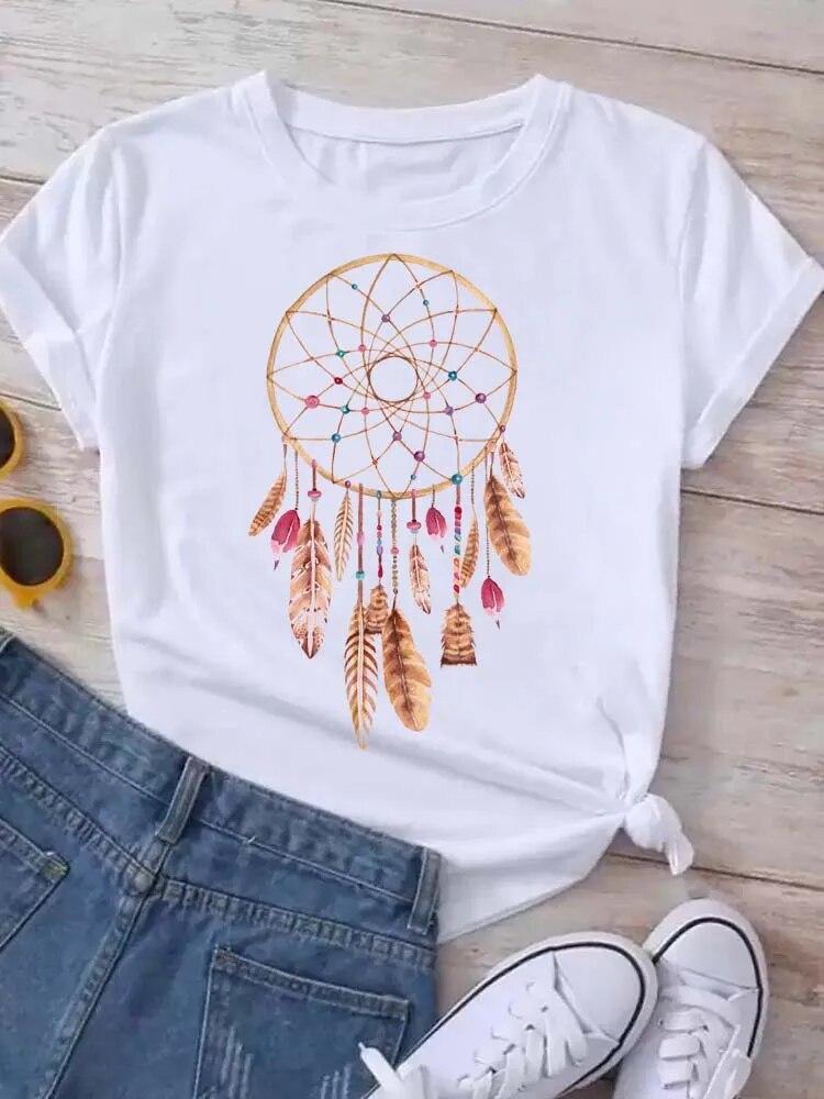 Women's Pattern Short Sleeve T-Shirt Women's Summer Clothing Feather 90S Fashion Women's University T-Shirt