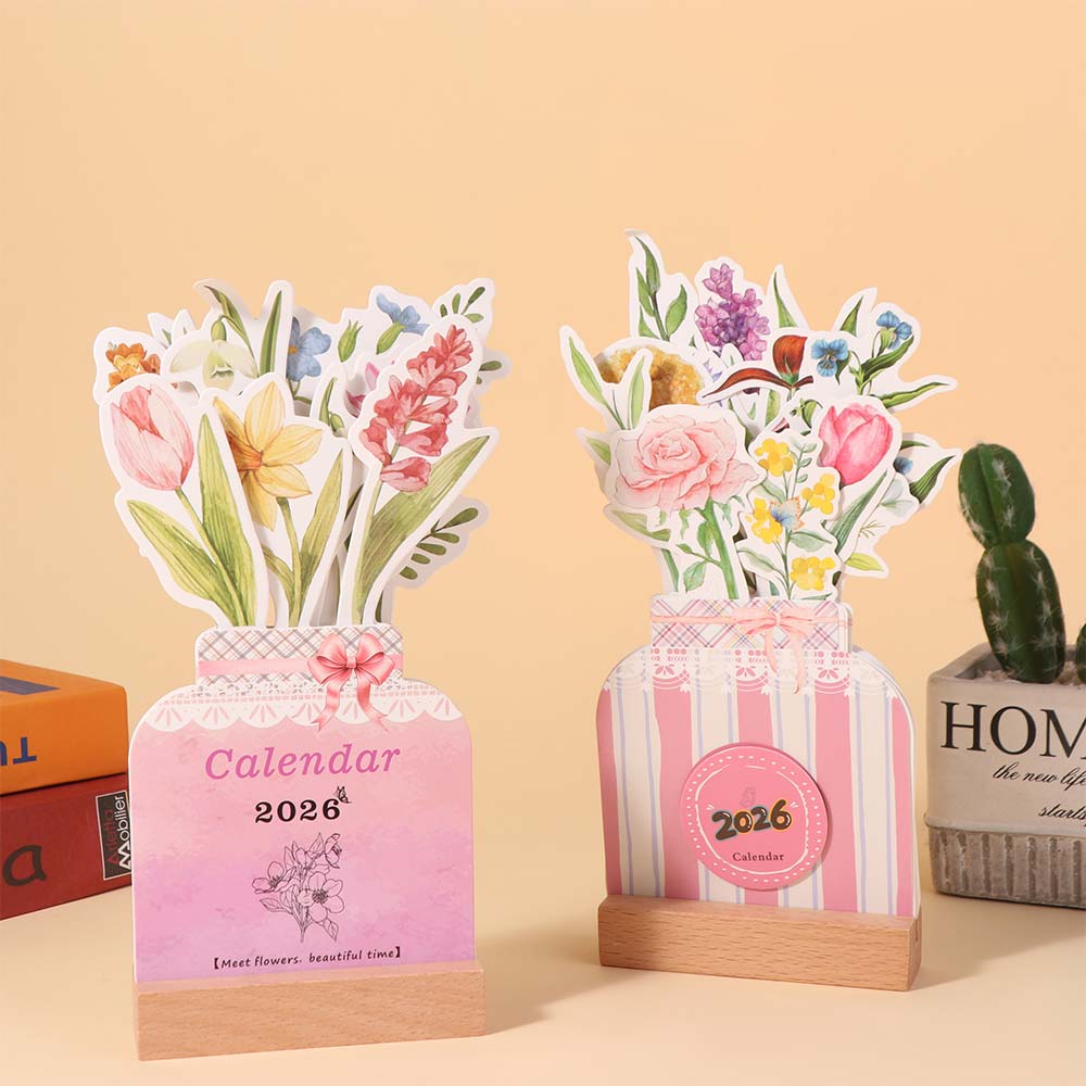 Paper Craft Mini Desk Calendar Card Insert Vase-Like Calendar Flowers Desk Calendar  Home