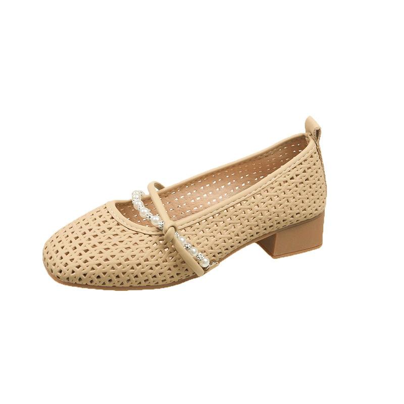 

Версия из мягкой кожи~ женские туфли Мэри Джейн на одной педали, женские плетеные ажурные маленькие одинарные туфли, женские летние новые модели 40 хаки