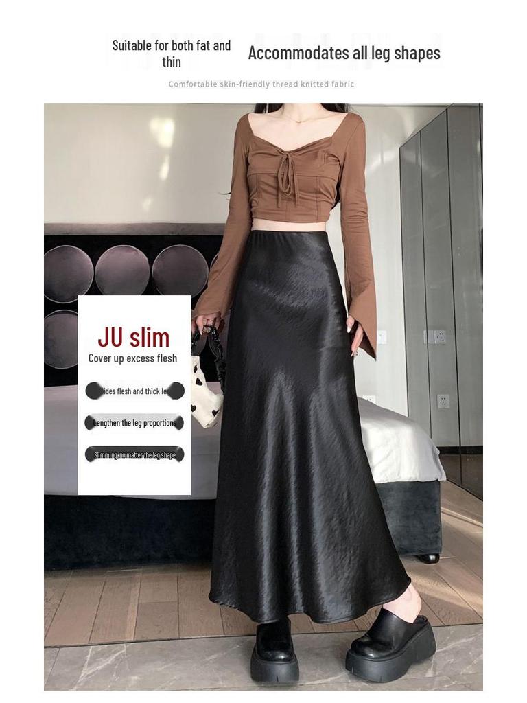 Women's A-line Mermaid Skirt - Spring/Summer 2025 Korean Style Mid-Length Acetate Satin Draped Skirt