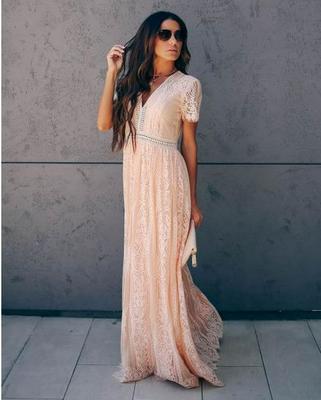 2020 Summer V-neck Short Sleeve Lace Hollow Dress