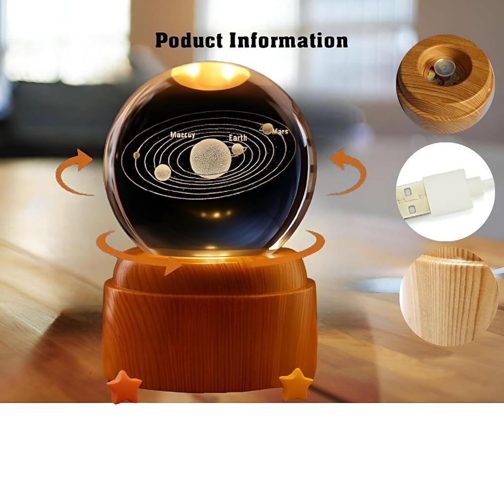 Kristallkugel Nachtlicht mit LED-Sockel | 3D Rotierender Sonnensystem Globus | Dekorative Ambientelampe für Schlafzimmer, Büro & Geschenke