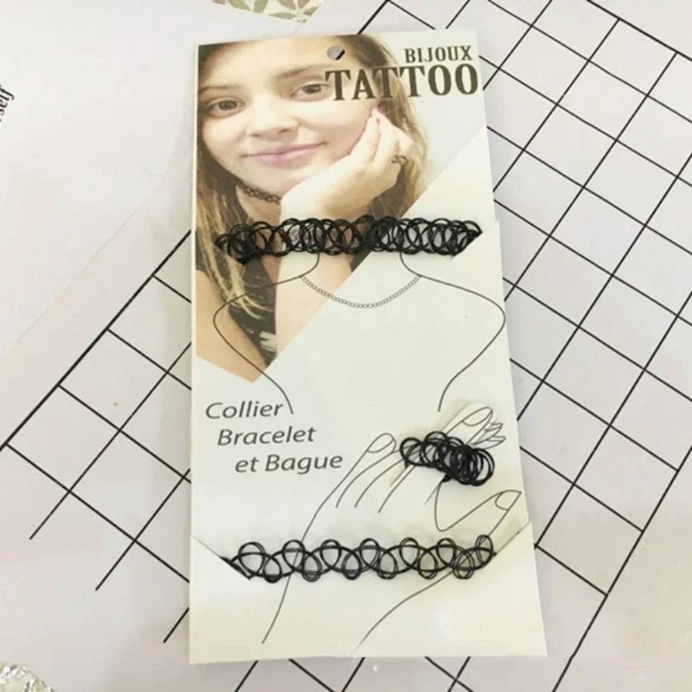 

Black Fishing Line Letter Tattoos Elastic Necklace Bracelet Ring Three-Piece for Women Set