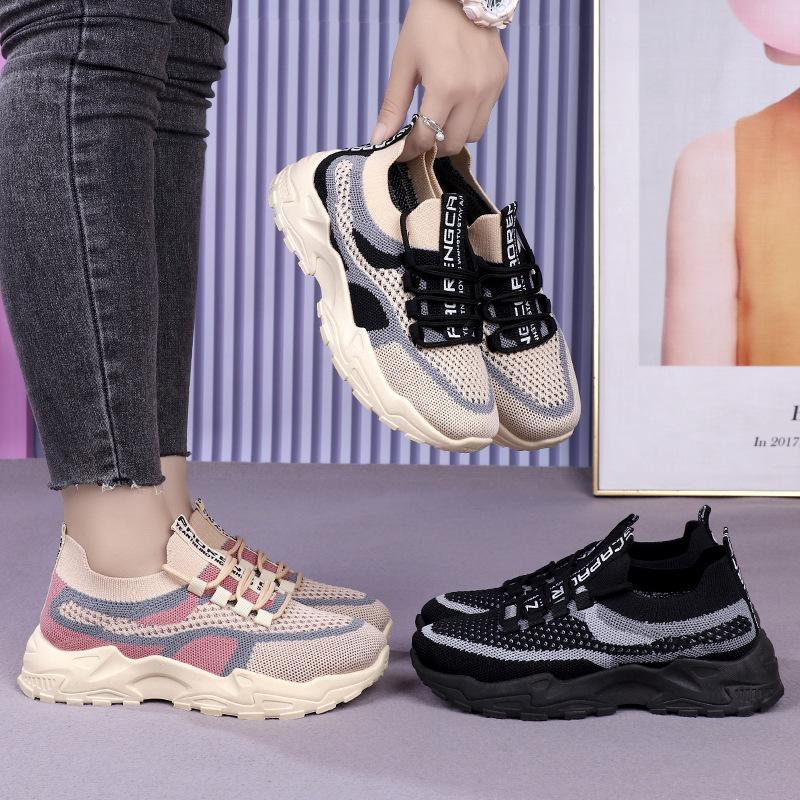 Flying woven mesh heightening dad shoes women's summer breathable running casual sports shoes versatile soft-soled women's shoes
