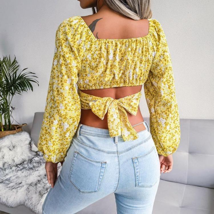 Floral Chiffon Crop Blouse Square Neck Lantern Sleeve Bow Resort Top Spring Summer Sizes S to XL