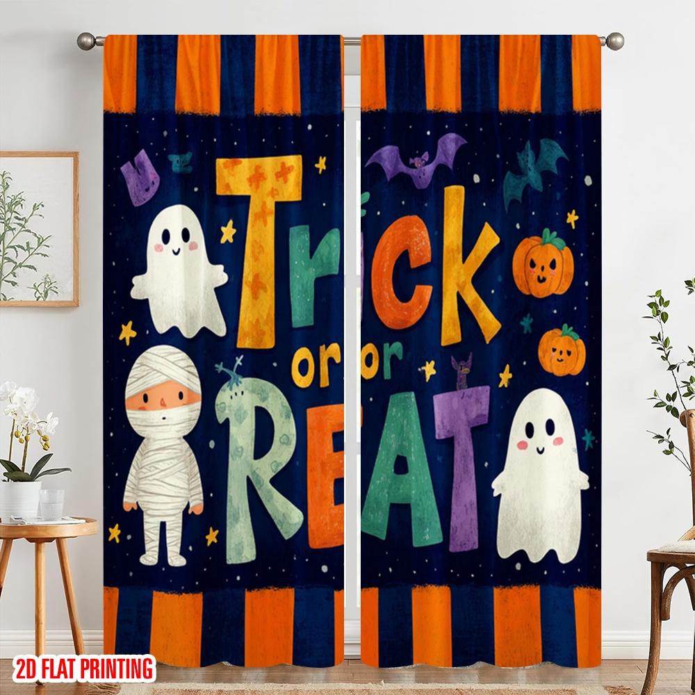 2pcs,2D Plane Printing Pattern Curtains Halloween Festivity Polyester Fabric (without Rod) Home Decor Use for Living Room &