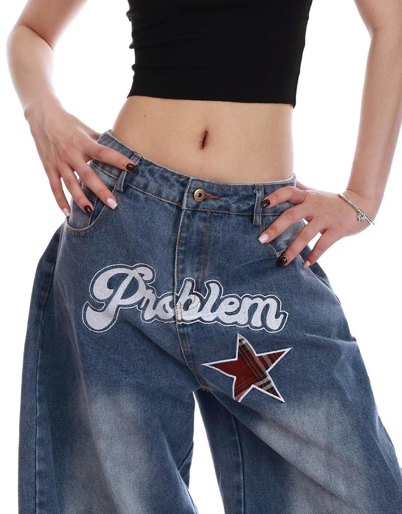 Women's American Retro Star Embroidered Loose Jeans - Summer Floor-Length Casual Pants