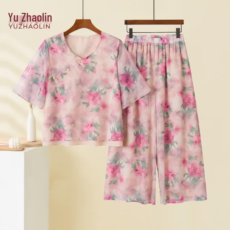 YUZHAOLIN Women s Summer Fresh Print Short-Sleeve Top & Pants Set 3XL