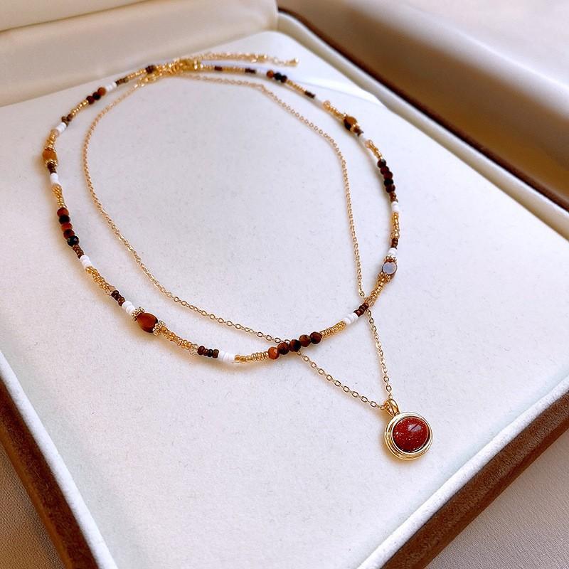 Korean fleece rope color artificial tiger's eye stone bag necklace niche design sweater chain retro necklace