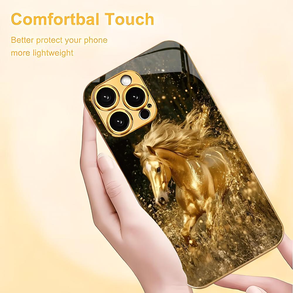 Horse Pattern Electroplated Gold Glass Phone Case Suitable for iPhone 17 16 15 14 13 12 11 Pro/Max/Plus Shockproof Back Cover