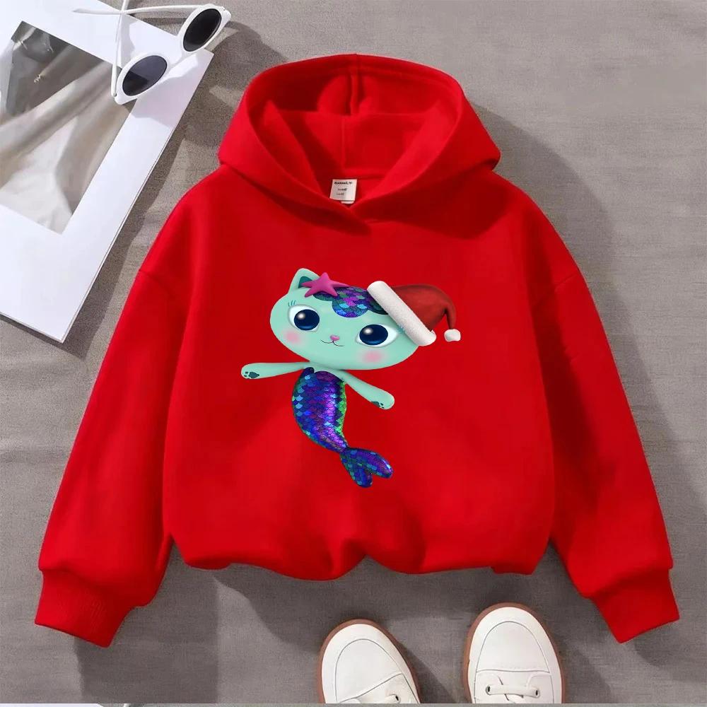 Niedlicher Meerjungfrauen-Katzen-Weihnachts-Hoodie für Kinder Buntes Schuppendesign Festlicher Weihnachtsmannhut-Druck