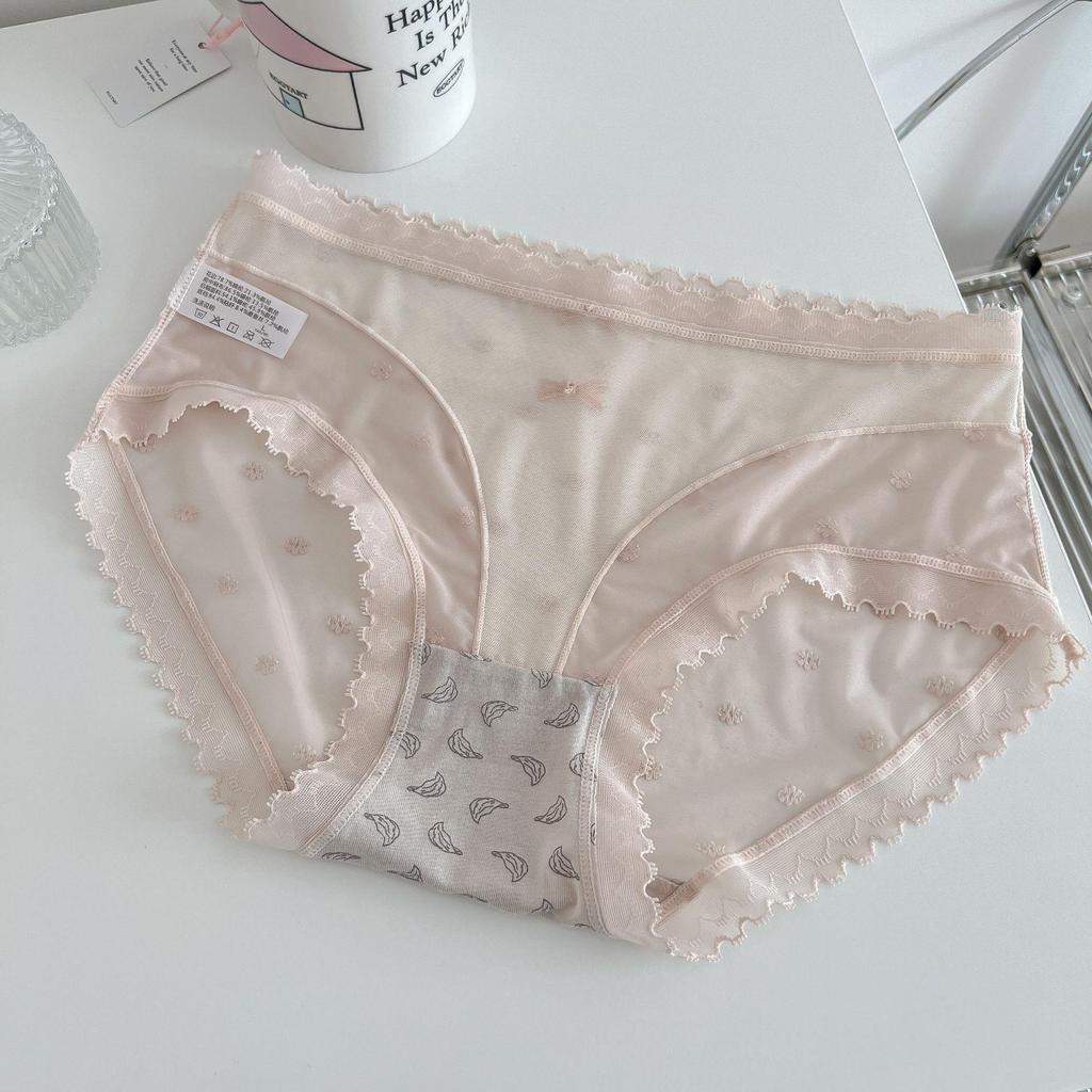 Mesh Lace Thin and Semi-transparent Panties with Double Bowknots and Small Flowers, Pure Desire and Seductive Triangle Women’s Panties