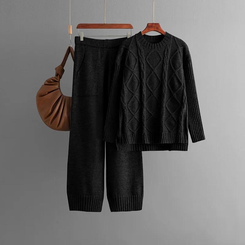Suéter Grueso de Punto Retorcido Sólido Trajes de Dos Piezas para Mujer Top Cálido Holgado Pantalones Largos de Pierna Ancha Moda Francesa Casual Conjuntos de Punto