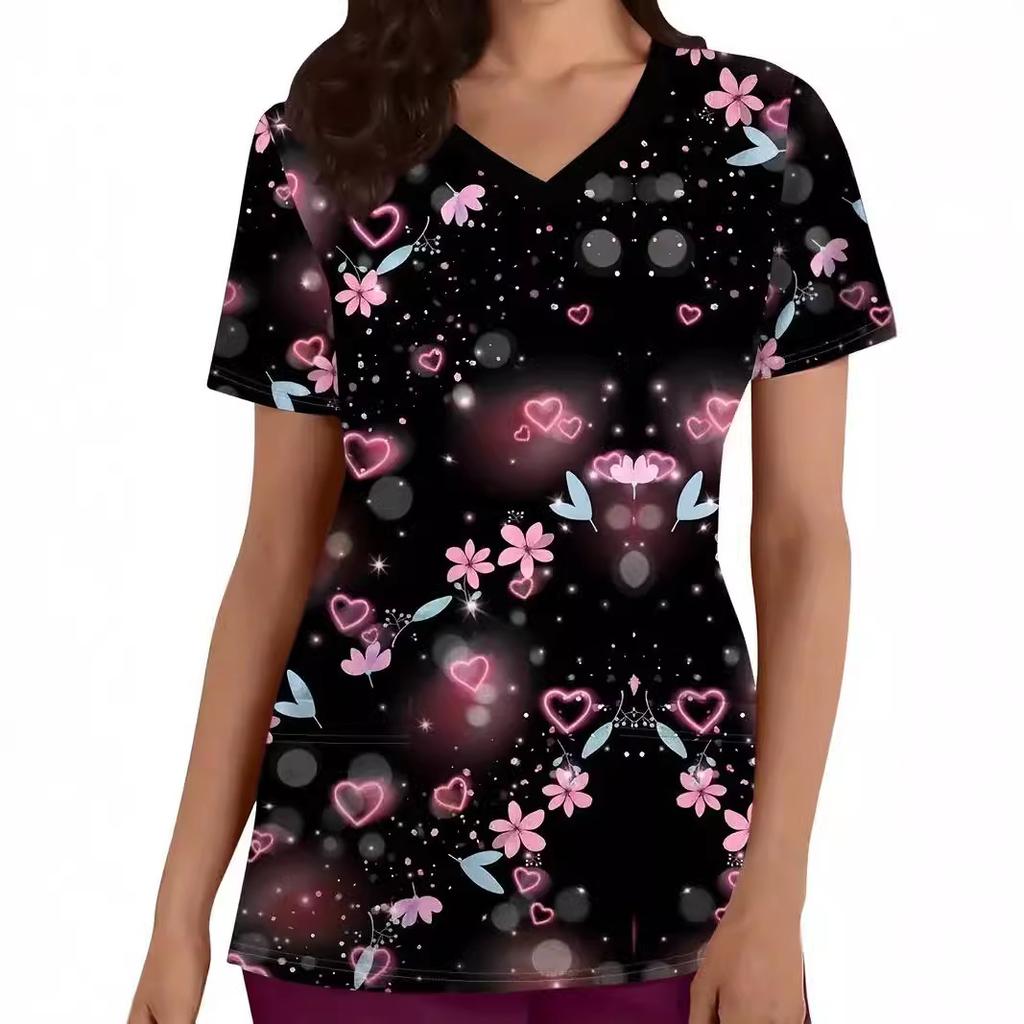 Romantic Pink Butterfly 3D Digital Print Women's Pocket V-neck Pullover Short Sleeved T-shirt Hospital Protective Apparel