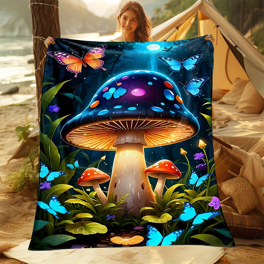 Cozy Flannel Throw Blanket with Colorful Butterfly & Mushroom Design - Soft, Reversible, All-Season Comfort for Bed, Sofa