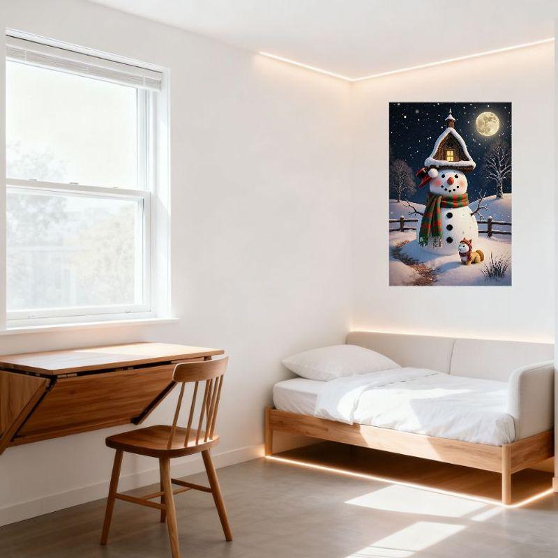 Whimsical Winter Snowman Scene Metal Tin Sign - Starry Night, Full Moon, Shiba Inu Dog, Snowflakes, Festive Home Wall Decor for