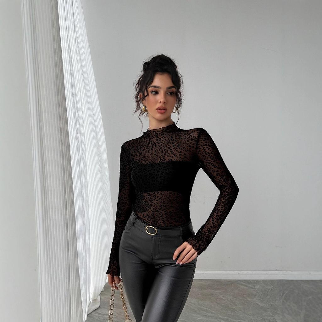 Autumn Winter High Neck Slim Flattering Long Sleeve Mesh Base Layer Versatile Women's Top Fashion Daily Basic Casual Slim Fit Ladies Elegant Top