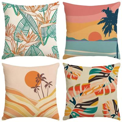 4Pcs Tropical Leaf Design Digital Printing Pillow Cover Short Plush Suitable Living Rooms Bedrooms Sofas Throw Cushion Cover