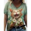 Summer V-neck Funny Cat Pattern 3D Printed Top Fashionable Casual Short Sleeved Women's T-shirts