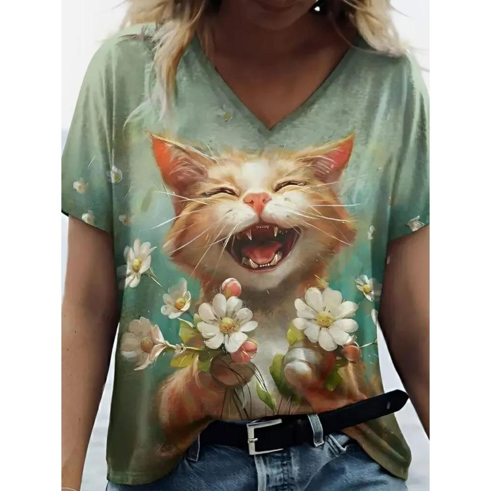 Summer V-neck Funny Cat Pattern 3D Printed Top Fashionable Casual Short Sleeved Women's T-shirts